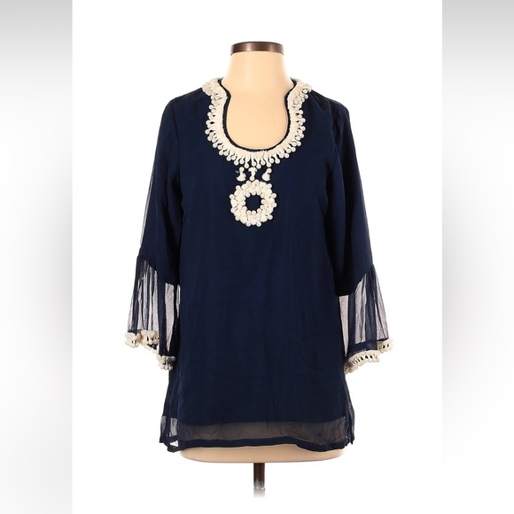 RARE RUNGOLEE Embellished Beaded Tunic Blue White Sz S - Picture 1 of 9